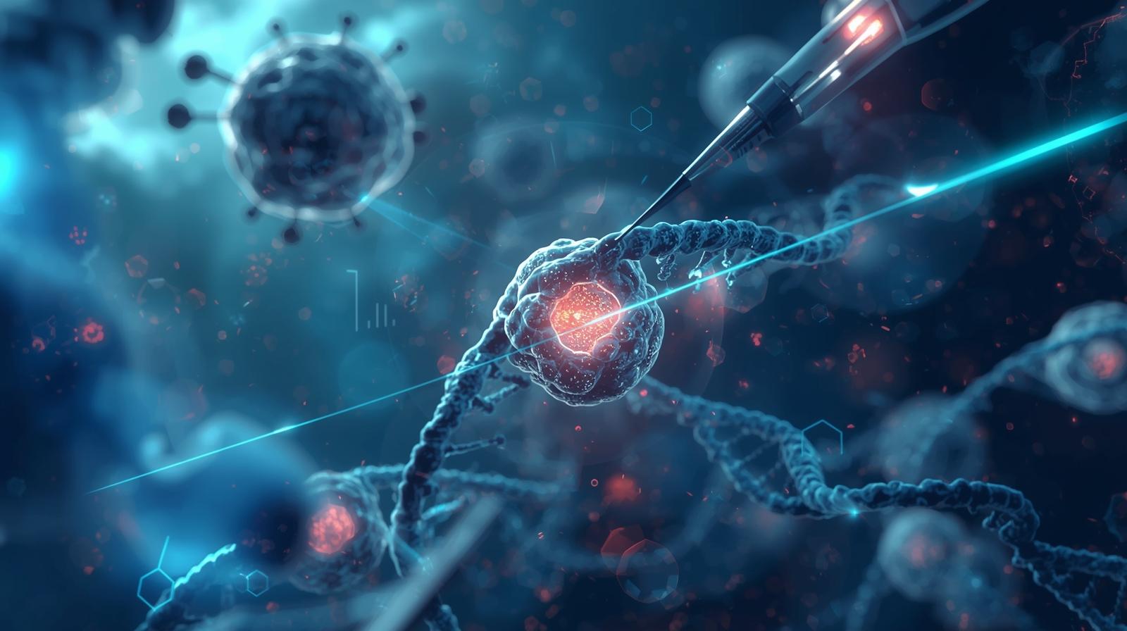 Microscopic view of DNA and a cell being analyzed by scientific equipment.
